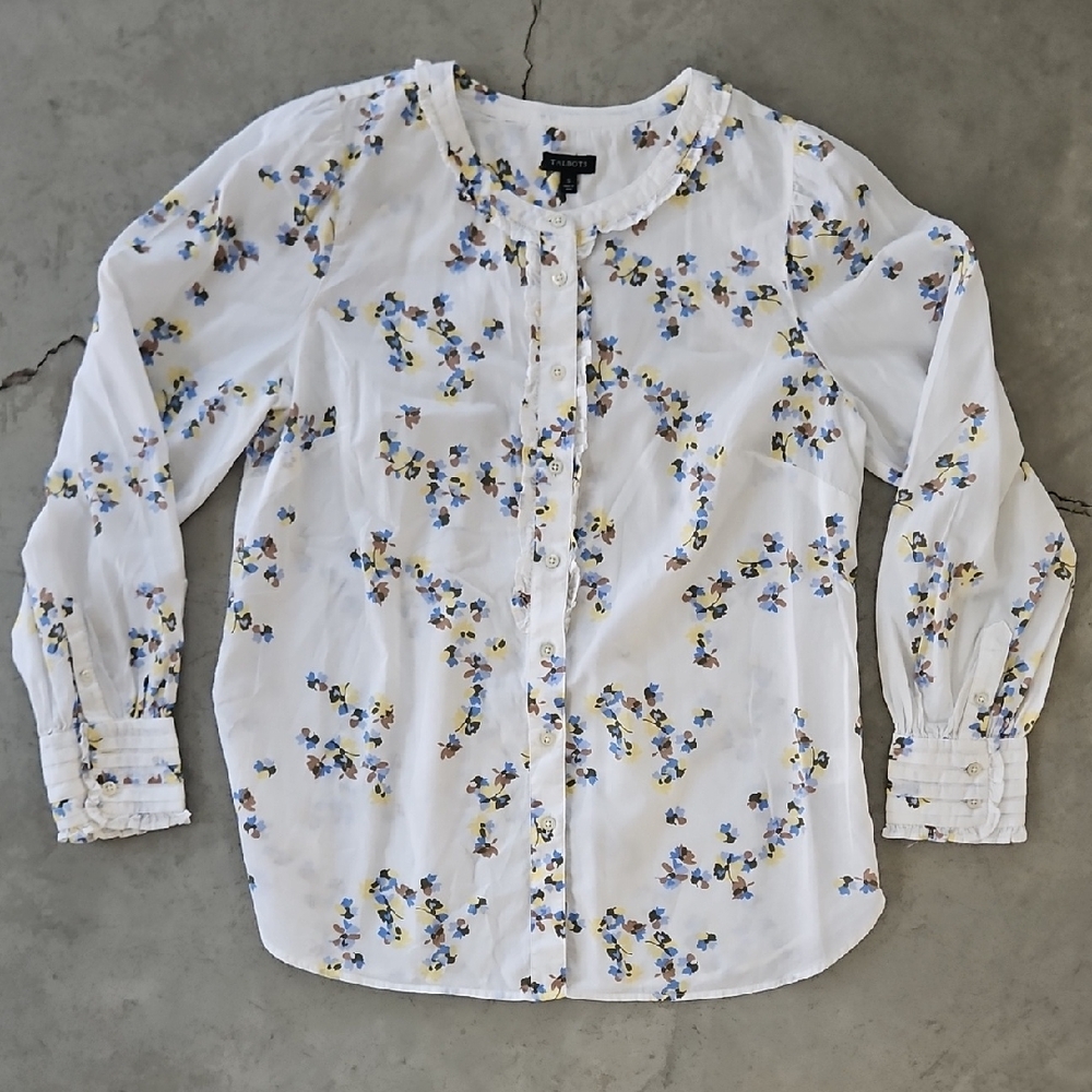 Talbots White Blouse with Blue and Yellow Floral Pattern